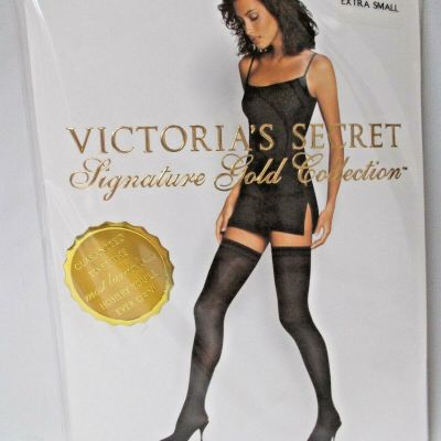 1 Victoria's Secret Signature Gold Silky Opaque Stay Ups Stockings, Black Medium