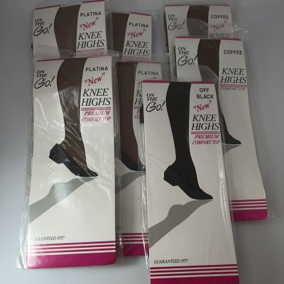 Lot of 7 On The Go! Comfort Top Knee Highs Pantyhose One Size Fits 8 1/2 - 11