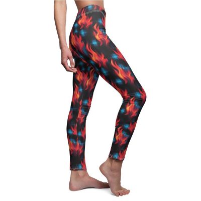 Womens Skinny Casual Leggings All Over Print Colorful Plaid With Flames Biker