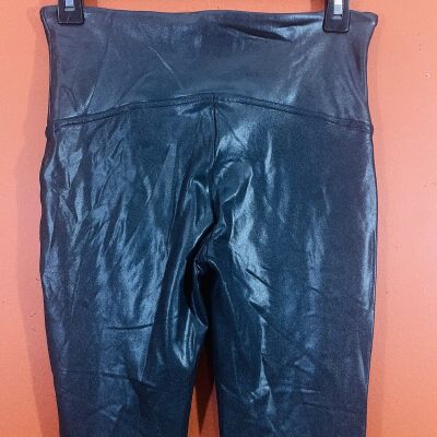 Spanx Faux Leather Leggings Size Large High Waist Black Shiny Ankle Stretch EUC