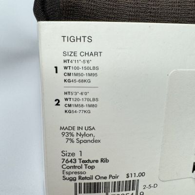 HUE Womens Trendwear Tights Size 1 Ribbed Espresso Control Top 1 Pair New