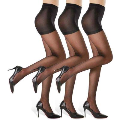 G&Y 3 Pairs Sheer Tights - 20D Control Top Pantyhose, Reinforced Toes, Black, S