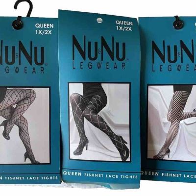 NIB Lot Of 3 Three Nu&Nu Legwear Black Fishnet Lace Tights Queen 1x/2x New Cute