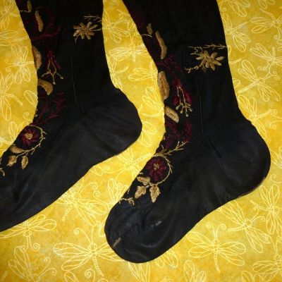 Amazing Edwardian pair Stockings Antique Victorian Embroidery silk rayon hosiery