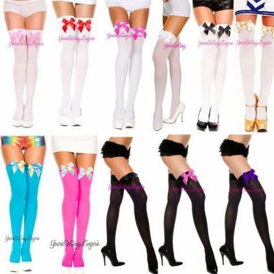 Over-The-Knee OPAQUE Thigh High STOCKINGS w/SATIN BOWS Socks SCHOOL GIRL OS