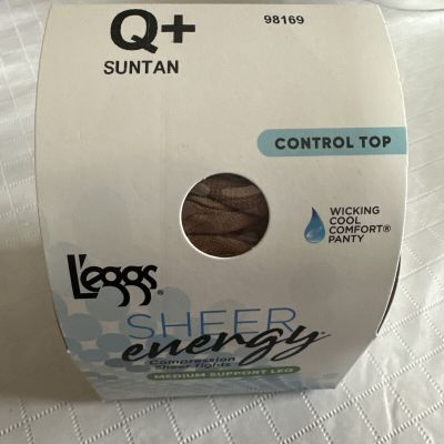 1 Pair Leggs Q+ Sheer Energy Control Top Medium Support Pantyhose Suntan