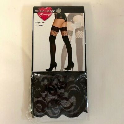 NIP Music Legs Black Opaque Thigh High Stockings w/Lace Up Top. One Size