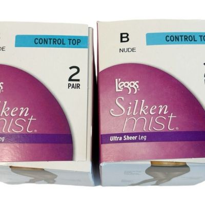4 L'eggs Silken Mist  Ultra Sheer Leg Pantyhose Control Top NUDE Size B NEW