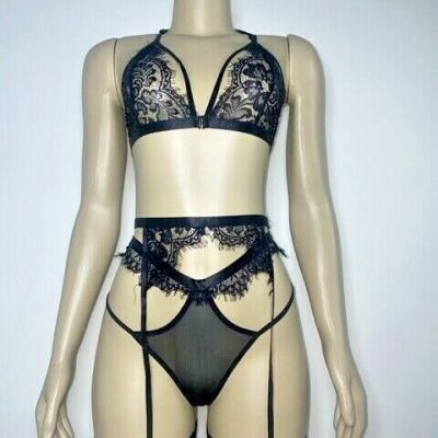 Black sexy floral lingerie set with garter, stockings and sheer v-string