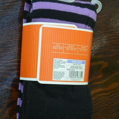 Med purple & black striped womens girls Halloween tights one size petite to 5'6