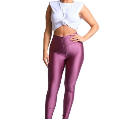 High Waist Leggings Zip Front Shiny Tricot Leggings in Violet Size Small