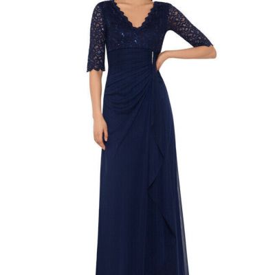 Betsy & Adam Plus Size Lace-Top Waterfall-Detail Gown, Navy, SIZE-8P