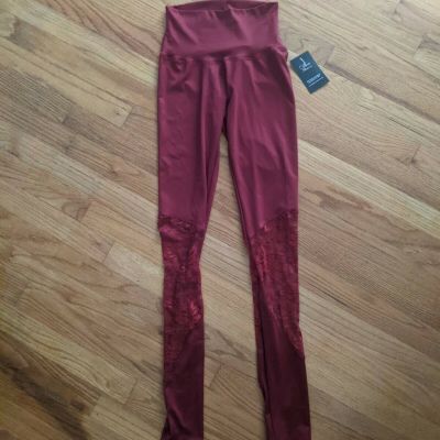NEW Sexy Full Length Mid Waist Stretch Pant Leggings Floral Lace Insert Wine XS