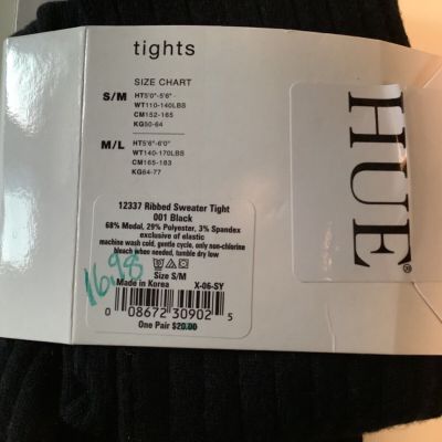 New with Tags Hue Women’s 001 Black 12337 Ribbed Sweater Tights Size S/M