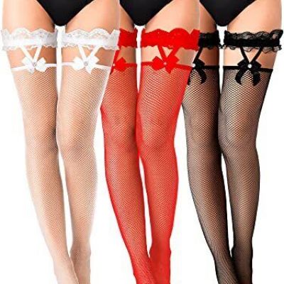 3 Pairs Lace Top Fishnet Stockings Mesh Thigh High Stockings Bow Suspenders H...