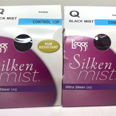 (2 Pk) L'eggs Silken Mist Ultra Sheer Leg RuN Resistant Black Mist Hosiery Q Lg