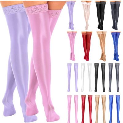 US Women Shiny Thigh High Stockings Lace Sheer Footed Tights,Stay Up Pantyhose