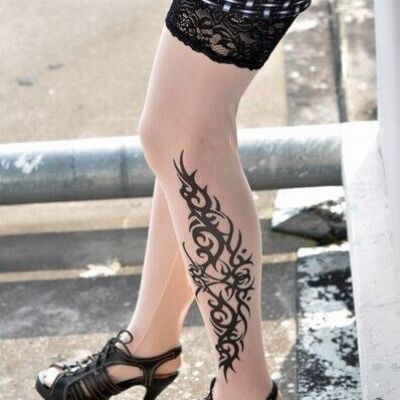 Fashion Tattoo Print Stockings Tan, black Lace Top Women's Thigh Hi Highs OS