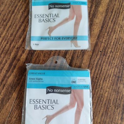 Lot of 2-No Nonsense Knee Highs Suntan Size One Reinforced Toe Nylon MADE IN USA