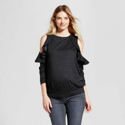 Isabel  Maternity Cold Shoulder Ruffle Sweatshirt Cream Beige,XS, black