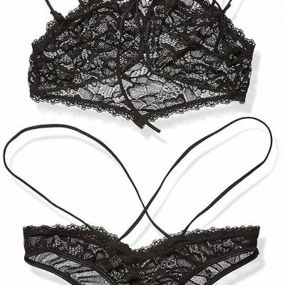 OH LA LA CHERI Black Lace-Up Wire-Free Bra & Panty Set, US One Size, NWOT