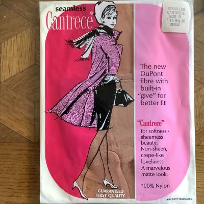 1 PAIR CANTRECE SEAMLESS Vintage Nylon Beige Stockings Hosiery SZ 9 1/2–10 B.