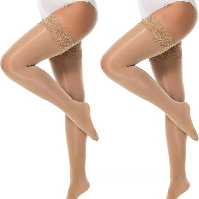 MANZI Shiny Thigh High Stockings Sexy Lace Top Stay Up Silky Sheer Stocking Shim