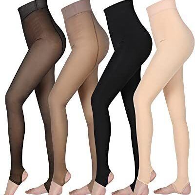 4 Pairs Fleece Lined Tights Women One Size Stirrup Black, Brown, Nude 200 g