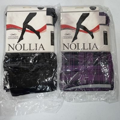 Nollia Leggings Womens L/XL Black & Purple Plaid Open Leg Lot 2 Fashion Seamless