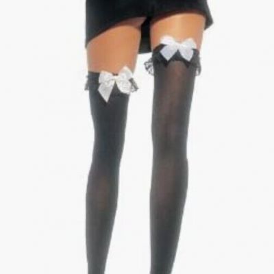 Women's Black Thigh High Stockings WITH Lace Ruffles & Satin Bow, One Size, NEW