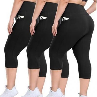 3 Pack Plus Size Leggings with Pockets for XX-Large Capri-black/Black/Black