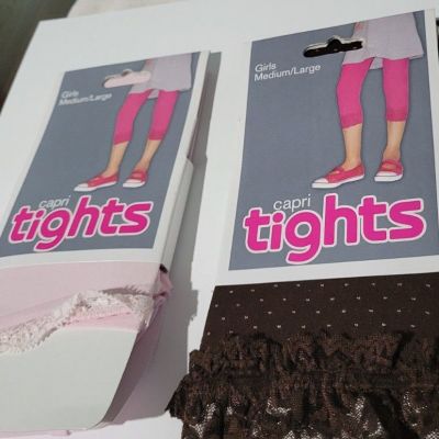 Girls No Name Brand 2 Pair Light Pink & Brown Pink Pokadot Capri Tights Size M/L