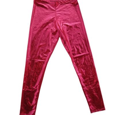 Red Shiny Metallic Leggings LARGE Stretch Pants Skinny Wet Look Rave Cosplay
