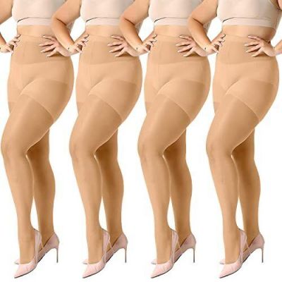 MANZI Women's Plus Size Pantyhose 4 Pairs Ultra Sheer Nylon Tights Natural Nu...