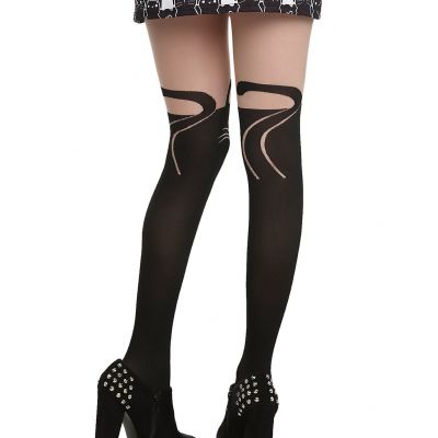 HOT TOPIC BLACK HEART  SHEER  OPAQUE CAT FACE FAUX THIGH HIGH TIGHTS O/S NWT