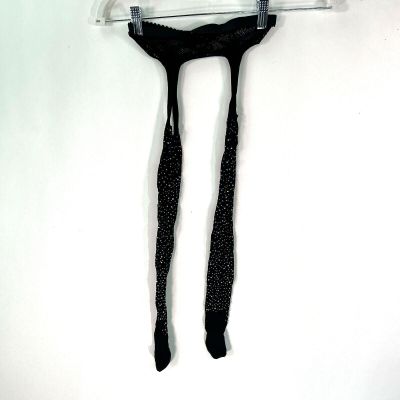 Womens Crystal Rhinestone Suspender Pantyhose Black Fishnet Stockings Size Small