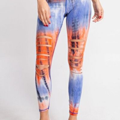 Tie Dye Laser Cut Distressed Leggings - Plus Size