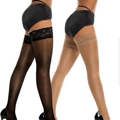 Thigh High Stockings Silicone Lace Top Stay Up Silky Semi Sheer Pantyhose New