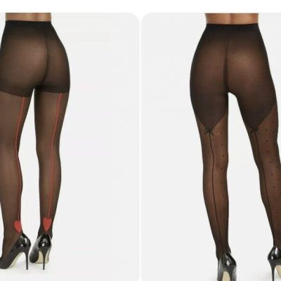FREE SHIP! 2 Pair, Different Styles,Inc Red-Heart-Backseam Black Tights, (G38)