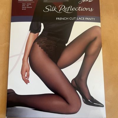 Hanes Silk Reflections French Cut Lace Panty Sandalfoot Sz AB Barely Black NIP