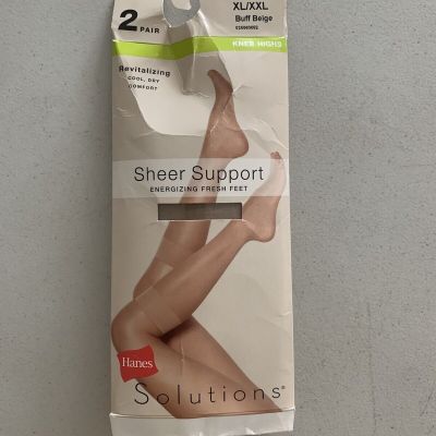 HANES Solutions Knee Highs Sheer Support Energizing Buff Beige XL/XXL 2 Pair NEW