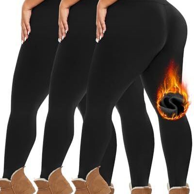 3 Pack Plus Size Leggings for XX-Large Plus Fleece Lined Black/ Black/ Black