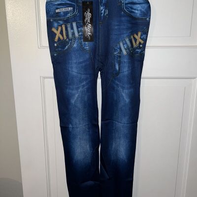 True Rock Distressed Jeans Print Tights Spandex Size Small/Medium Blue NWT