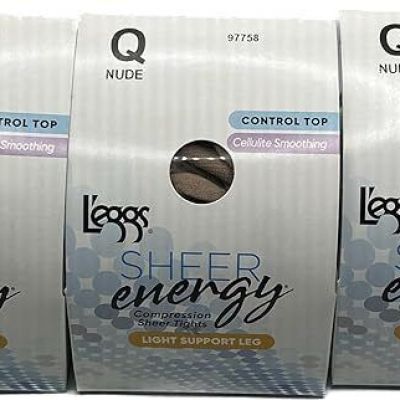 3 Pack Leggs Sheer Energy Control Top Size Q Nude 97758 Light Support Leg