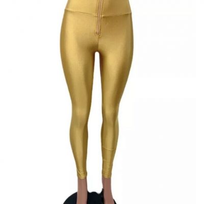 Shiny Gold glam Zipper 70’s Stretchy High Waist Leggings Pants New S Costume Y2K