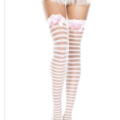 White Pink Sheer striped thigh hi Stockings with satin bow