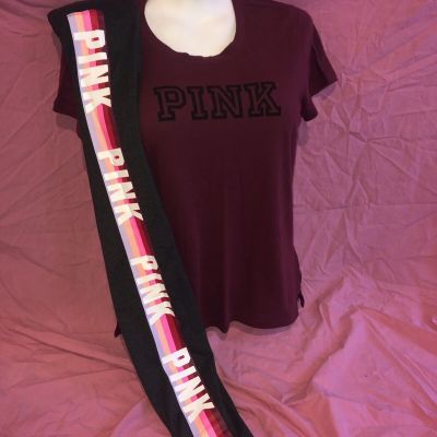 Victoria Secret PINK Everyday Maroon  Tee Bright Neon Rainbow Legging Set M New