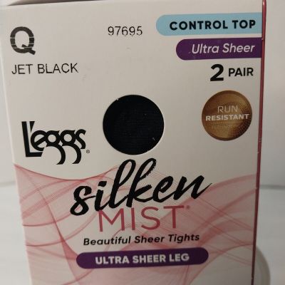 Leggs Silken Mist Size Q Jet Black Silky Sheer Pantyhose Control Top 2 Pair