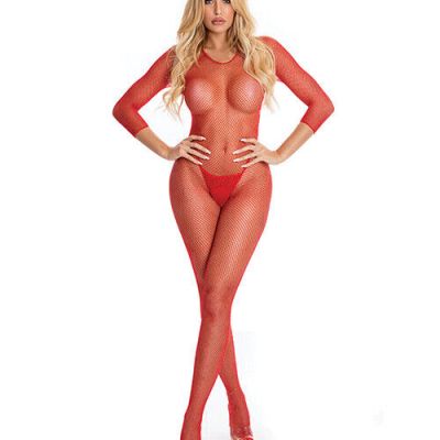 PINK LIPSTICK RISQUE FISHNET CROTCHLESS 3/4 SLEEVE BODYSTOCKING S/M-M/L