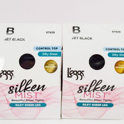 2 L'eggs Silken Mist Control Top Silky Sheer Leg Run Resistant JET BLACK Tight B